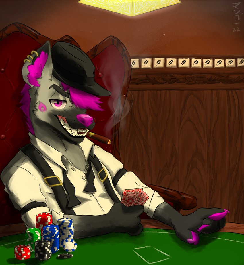 anthro cigar gambler male poker poker_chip poker_table solo mangodrawscsp tobi_hyena hyena mammal hi_res