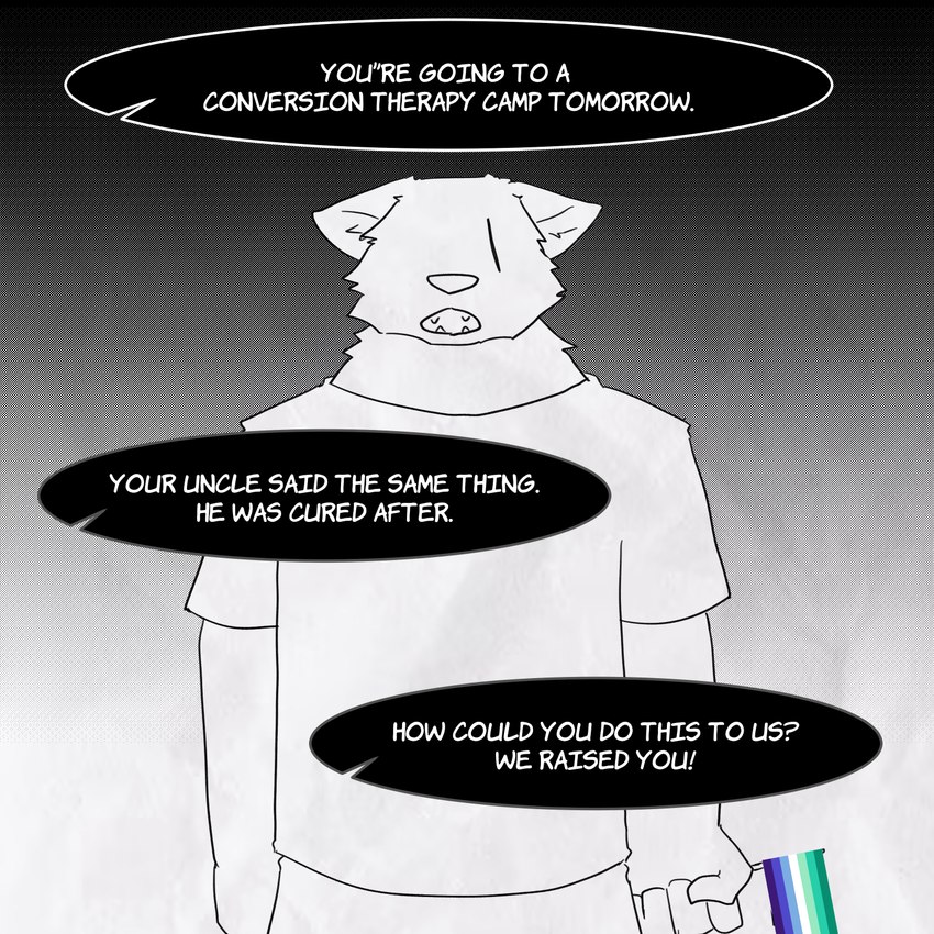 anthro athletic athletic_anthro athletic_male biped clothing eye_scar facial_scar fur lgbt_pride male pride_colors scar shirt solo speech_bubble standing text topwear vincian_pride_colors white_body white_fur fenrirwolfen canid canine canis mammal wolf 1:1 2024 english_text hi_res