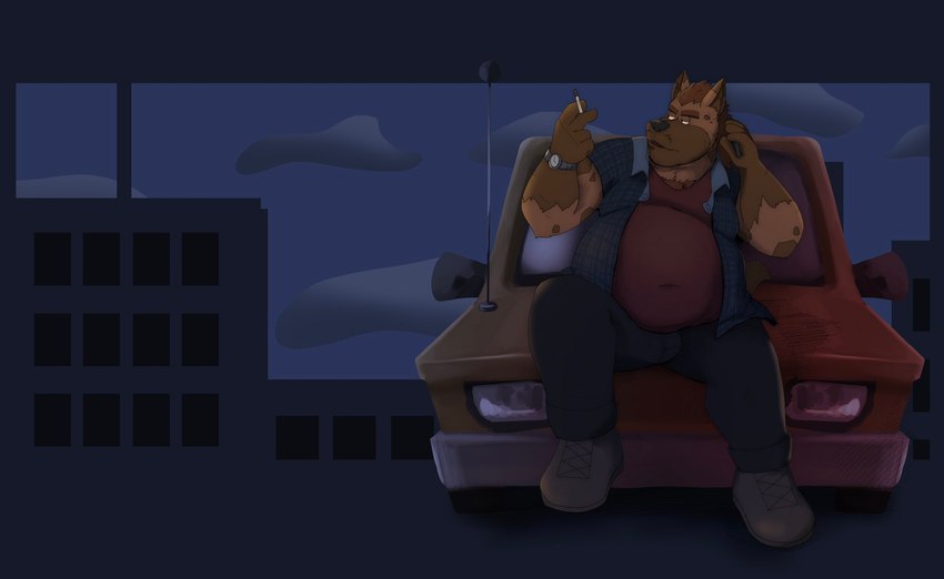 anthro belly bottomwear brown_body brown_fur car clothing fur humanoid_hands male motor_vehicle outside overweight overweight_male pants shirt sitting solo toony_car topwear vehicle dippubear crew_(dippubear) hyena mammal 2021 hi_res