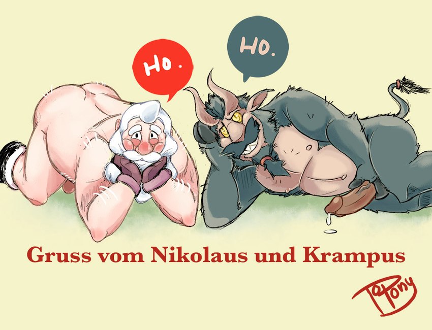 beard big_penis butt duo facial_hair genitals grin holidays horn long_beard looking_at_viewer male male/male mature_male mustache nude penis smile text yellow_eyes topony christmas krampus santa_claus human mammal monster german_text translated