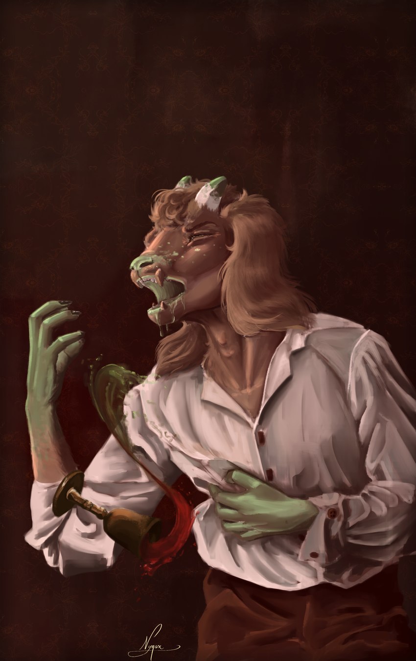 anthro brown_body classical clothing collared_shirt container cup dramatic dramatic_lighting dress_shirt fangs glowing goblet green_glow green_hands hand_on_belly horn long_ears male poison shirt short_horn sitting small_horn solo teeth topwear nyrox_(artist) bovid bovine caprine cattle goat mammal absurd_res hi_res