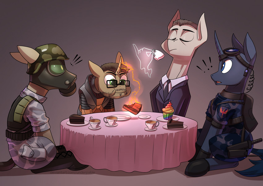 cake canon_x_oc clothing container cosplay crossover_cosplay cup dessert exclamation_point eyewear food furniture gas_mask goggles group hev_suit horn male mask suit table tea_cup tea_party underpable half-life hasbro my_little_pony mythology valve adrian_shephard fan_character flint_(flintexp) g-man gordon_freeman gordon_freemane equid equine horse mammal mythological_creature mythological_equine pony unicorn 2020 absurd_res crossover hi_res