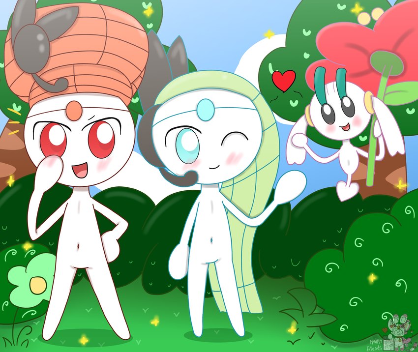 anthro blush female female/female forest forest_background green_hair group hair narrow_hips nature nature_background navel nude plant safe_nudity thigh_gap thin_calves thin_legs thin_thighs tree trio white_body mrsnyawashi game_freak nintendo pokemon floette generation_5_pokemon generation_6_pokemon legendary_pokemon meloetta meloetta_(aria_form) meloetta_(pirouette_form) pokemon_(species) red_flower_floette absurd_res digital_media_(artwork) hi_res