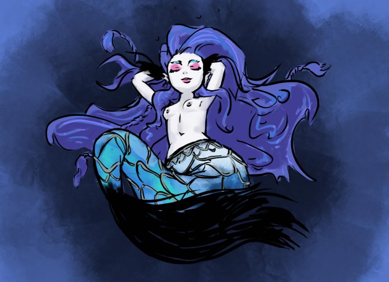 blue_hair breasts eyes_closed female hair lips monster_girl_(genre) pink_lips raised_arm small_breasts solo split_form unknown_artist mattel monster_high sirena_von_boo animal_humanoid fish fish_humanoid ghost humanoid marine marine_humanoid merfolk spirit hi_res