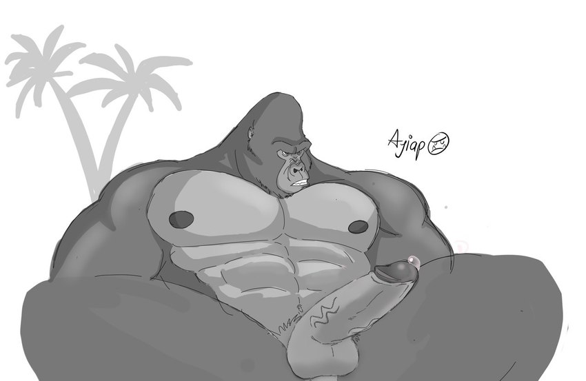 abs anthro balls biceps big_pecs bodily_fluids casual_erection erection fur genital_fluids genitals humanoid_genitalia humanoid_penis male manly muscular muscular_anthro muscular_male nipples nude outdoor_nudity outside pecs penis plant precum simple_background solo aji_arts disney tarzan tarzan_(disney) kerchak ape gorilla haplorhine mammal primate