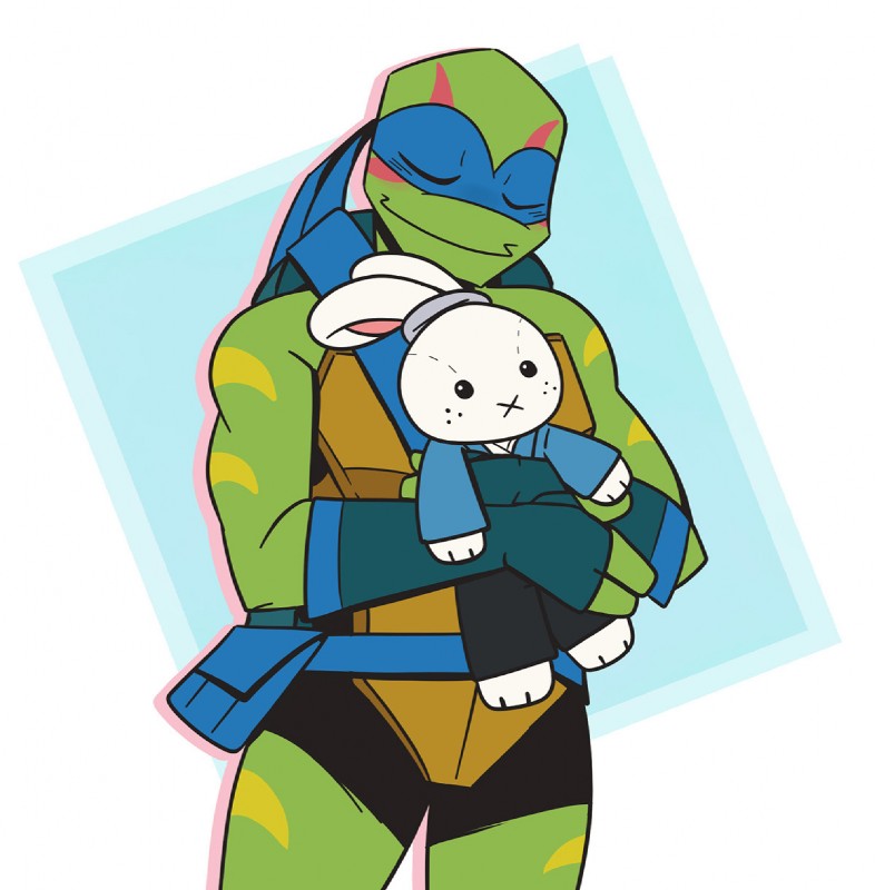 anthro bottomwear clothed clothing duo eyes_closed green_body green_skin hug male mask plushie shorts simple_background topless galacticonejos rise_of_the_teenage_mutant_ninja_turtles teenage_mutant_ninja_turtles usagi_yojimbo leonardo_(tmnt) miyamoto_usagi pond_slider red-eared_terrapin reptile scalie terrapin turtle hi_res