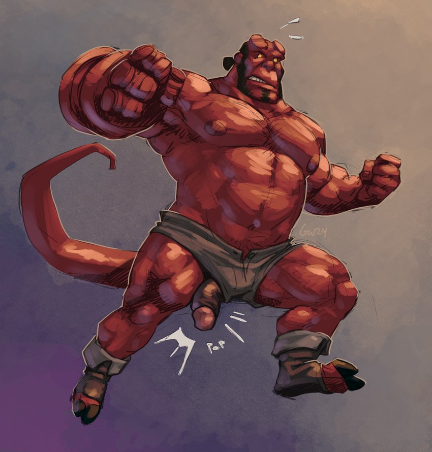 barazoku beard biceps big_penis broken_horn clothed clothing facial_hair genitals hellboy hooves horn male nipples pecs penis penis_poking_out penis_through_leghole red_body solo surprise topless wardrobe_malfunction captaingerbear hellboy_(series) hellboy_(character) cambion demon humanoid digital_drawing_(artwork) digital_media_(artwork) hi_res