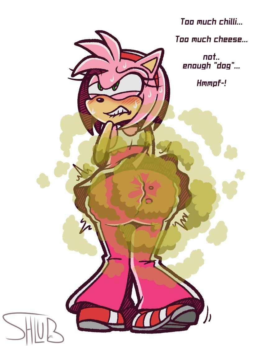 accessory anthro big_butt bite biting_lip black_nose blush bodily_fluids bottomwear butt clothing cross-eyed dialogue eyelashes fart fart_cloud fart_fetish farting_at_viewer female footwear green_eyes headband motion_lines pants shoes skirt skousers solo straining sweat tail pornshlub sega sonic_the_hedgehog_(series) amy_rose eulipotyphlan hedgehog mammal 2024 absurd_res hi_res signature