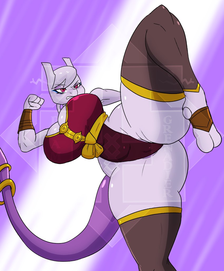 anthro big_breasts breasts camel_toe cleavage_cutout cutout eyelashes female female_anthro flexible gold_(metal) gold_jewelry grimace jewelry narrowed_eyes one_leg_up purple_tail raised_leg solo splits spread_legs spreading standing tail thick_thighs vertical_splits diamond_grenadier nintendo pokemon martial_arts_style_mewtwo generation_1_pokemon legendary_pokemon mewtwo pokemon_(species) digital_media_(artwork) distracting_watermark hi_res watermark