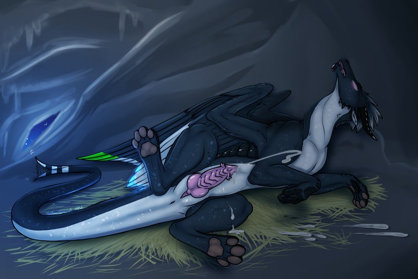 4_toes ahegao animal_genitalia belly big_penis bioluminescence black_head black_horn black_legs black_tail black_wings blue_body blue_feathers bodily_fluids cave cum cum_on_ground cum_on_leg cumshot ejaculation feathered_wings feathers feet feral genital_fluids genital_slit genitals glowing green_body green_feathers grey_pawpads hands-free hay horn looking_pleasured lying male mane nude nude_feral nude_male on_side pawpads penis pink_penis raised_leg sleeping solo spontaneous_ejaculation tail toes wet_dream white_belly white_mane white_neck white_wings wings silipinfox1298 mythology black_turbine dragon mythological_creature mythological_scalie scalie 3:2 male_(lore)
