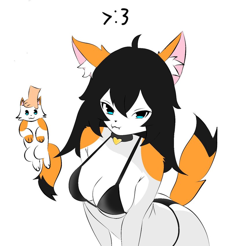 :3 >:3 anthro big_breasts black_bra black_clothing black_hair black_panties black_underwear blue_eyes bra breasts cleavage clothed clothing collar fangs female fur hair looking_at_viewer multicolored_body multicolored_fur orange_body orange_fur panties simple_background smile solo tail teeth text thong triangle_bra underwear white_background white_body white_fur evaacii michahi_(evaacii) domestic_cat felid feline felis mammal 1:1 2025 digital_media_(artwork) hi_res