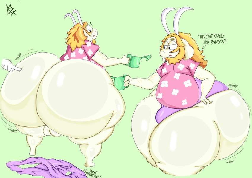 anthro big_butt blonde_hair butt clothing hair huge_butt huge_thighs hyper hyper_butt male simple_background solo thick_thighs thong touching_butt underwear yoshuacomoyoshu undertale_(series) asgore_dreemurr bovid caprine goat mammal absurd_res hi_res