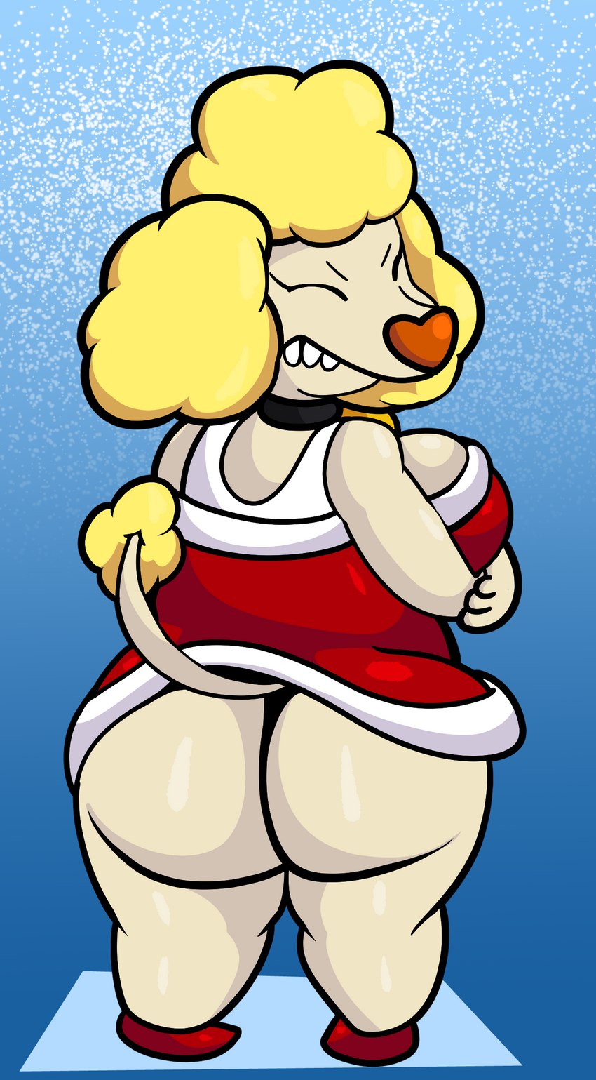 anthro arm_under_breasts big_breasts big_butt blonde_hair blue_background breasts butt christmas_clothing christmas_dress cleavage clothed clothing collar curvy_figure dress female fur hair holidays horizontal_pupils huge_butt looking_at_viewer looking_back pupils short_hair simple_background snow snowing solo standing tan_body tan_fur teeth thick_thighs voluptuous wide_hips someth1ngoranother catdog_(series) christmas nickelodeon shriek_dubois canid canine canis domestic_dog mammal poodle 2021 absurd_res digital_media_(artwork) hi_res