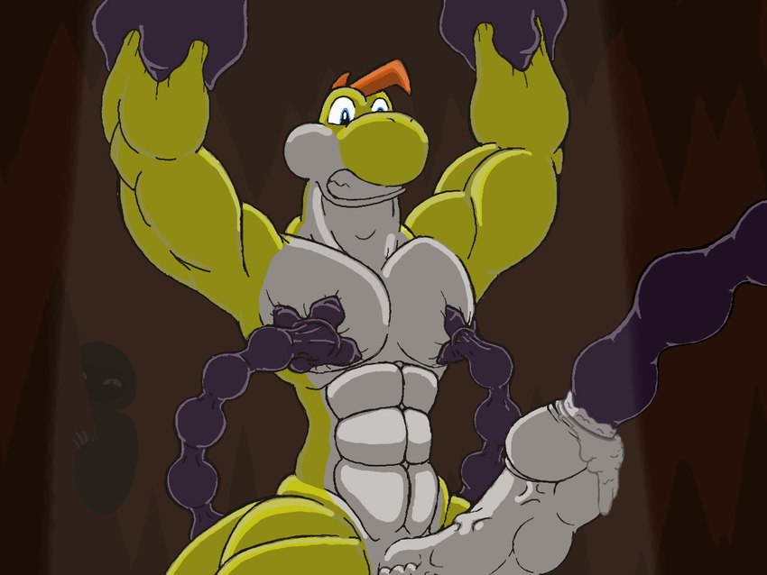 anthro bodily_fluids bound cum erection genital_fluids genitals male nude penetration penis simple_background solo tentacles urethral urethral_bulge urethral_penetration vulkypsin mario_bros nintendo yellow_yoshi yoshi 4:3