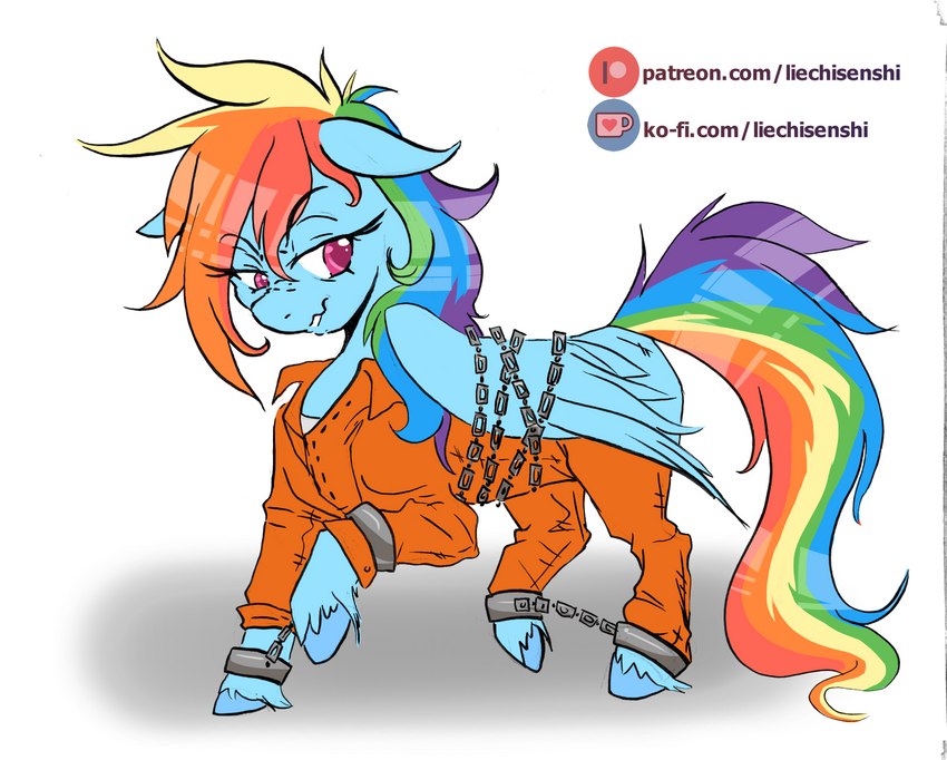 chain cuff_(restraint) handcuffs metal_cuffs orange_jumpsuit prison_uniform restraints shackles solo text wings liechi friendship_is_magic hasbro my_little_pony mythology rainbow_dash_(mlp) equid equine horse mammal mythological_creature mythological_equine pegasus pony hi_res url