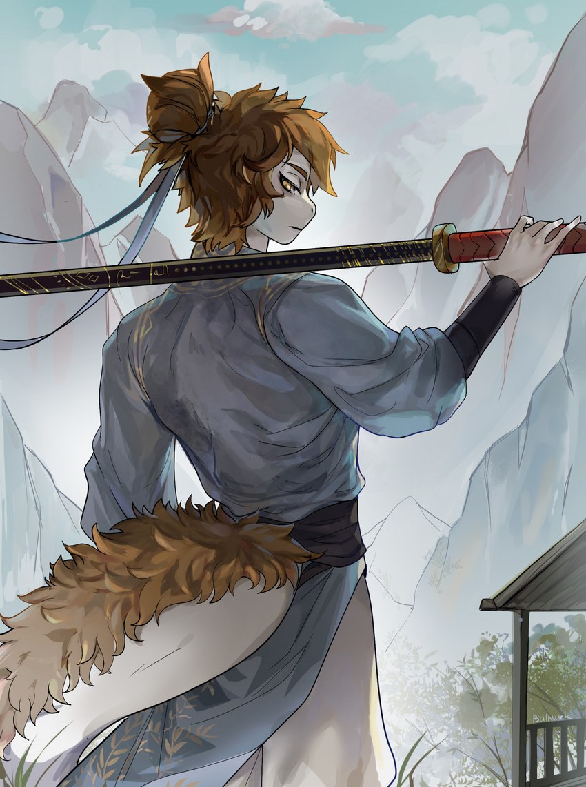 anthro asian_clothing asian_sword clothed clothing east_asian_clothing hair hair_bun japanese_clothing kimono looking_at_viewer male mane mountain plant solo tail tree white_body white_skin yellow_eyes balnurk elootam reptile scalie snake hi_res