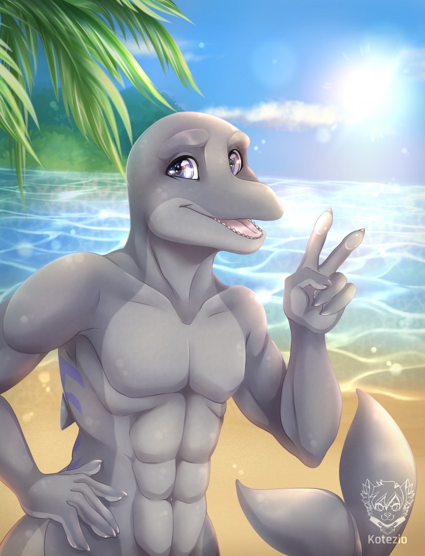 anthro athletic beach clothed clothing deep_navel gesture hand_gesture male navel outside pose sea seaside smile solo standing sun topless v_sign water kotezio kajika_longfin bottlenose_dolphin cetacean dolphin mammal marine oceanic_dolphin toothed_whale 2021 half-length_portrait hi_res portrait