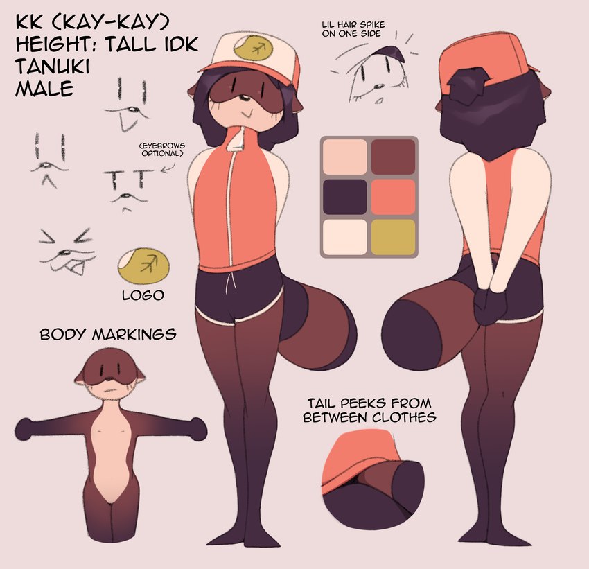 anthro barefoot bottomwear clothed clothed_anthro clothed_male clothing ears_down feet femboy fur hands_behind_back hat headgear headwear jacket looking_at_viewer male pivoted_ears shorts smile solo standing text topwear kkoart kk_(kkoart) canid canine mammal raccoon_dog tanuki 2023 absurd_res digital_drawing_(artwork) digital_media_(artwork) english_text hi_res model_sheet