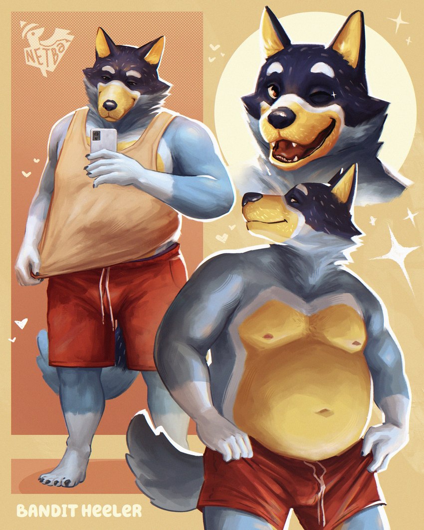 abstract_background anthro areola barefoot belly bottomwear cellphone claws clothed clothing electronics eyebrows feet fur heart_symbol holding_object holding_phone looking_at_viewer male musclegut muscular muscular_anthro muscular_male navel nipples one_eye_closed open_mouth open_smile overweight overweight_anthro overweight_male pecs phone plantigrade shadow shirt shorts simple_background smartphone smile solo sparkles standing tan_background tank_top teeth text tongue topless topless_anthro topless_male topwear tuft wink netba bluey_(series) bandit_heeler australian_cattle_dog canid canine canis cattledog domestic_dog herding_dog mammal pastoral_dog 2025 4:5 absurd_res character_name english_text hi_res watermark
