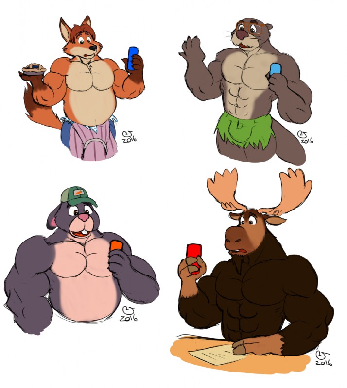 anthro group male mature_anthro mature_male muscular simple_background white_background caseyljones disney zootopia emmitt_otterton gideon_grey peter_moosebridge stu_hopps canid canine deer fox lagomorph leporid lontra mammal moose mustelid new_world_deer north_american_river_otter otter rabbit red_fox river_otter true_fox