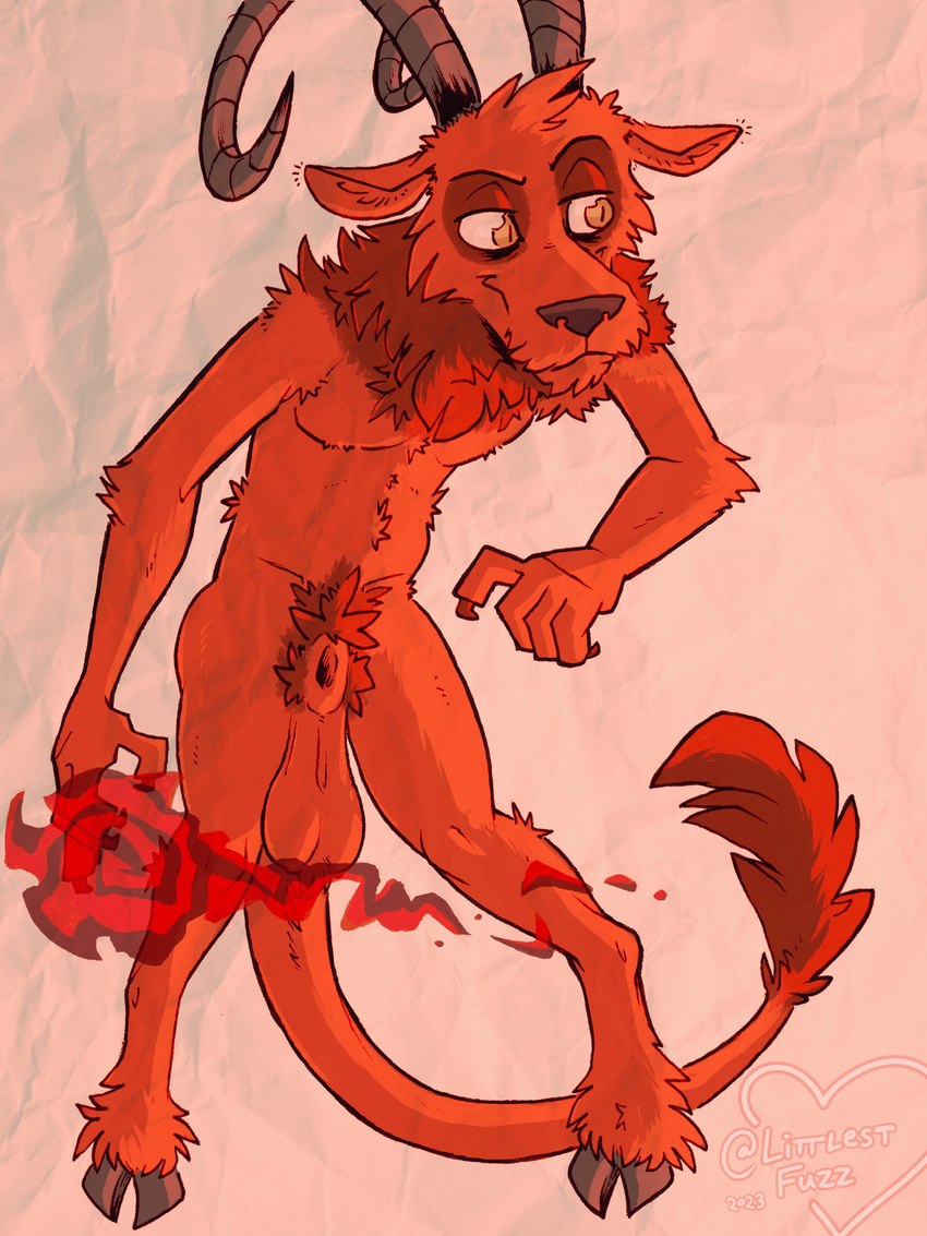 5_fingers animal_genitalia anthro arm_tuft athletic athletic_anthro athletic_male ball_tuft balls big_balls biped butt casual_nudity cheek_tuft claws cloven_hooves crotch_tuft curved_horn elbow_tuft eye_bags facial_tuft finger_claws fingers fully_sheathed fur genitals head_tuft hooves horn lemon_testicles lidded_eyes magic male nude pupils red_body red_fur ruff saggy_balls sheath simple_background slit_pupils smile snout solo soul soul_stealing standing tail tail_tuft tuft unguligrade yellow_eyes littlestfuzz don't_starve klei_entertainment wortox demon imp 2023 3:4 absurd_res digital_drawing_(artwork) digital_media_(artwork) hi_res pen_(artwork) traditional_media_(artwork)