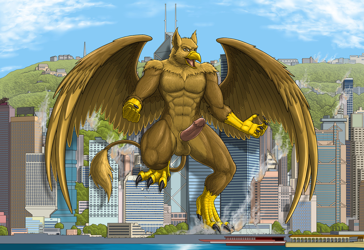 5_fingers abs anthro balls beak biceps biped brown_body brown_fur building building_destruction city city_background city_destruction claws destruction erection feathered_wings feathers feet finger_claws fingers fur genitals humanoid_genitalia humanoid_penis landscape_dwarfing looking_at_viewer macro macro_anthro male muscular muscular_anthro muscular_male nude open_mouth outside pecs penis rampage sky solo tail toe_claws toes wings growingdragon mythology carpo avian gryphon mythological_avian mythological_creature
