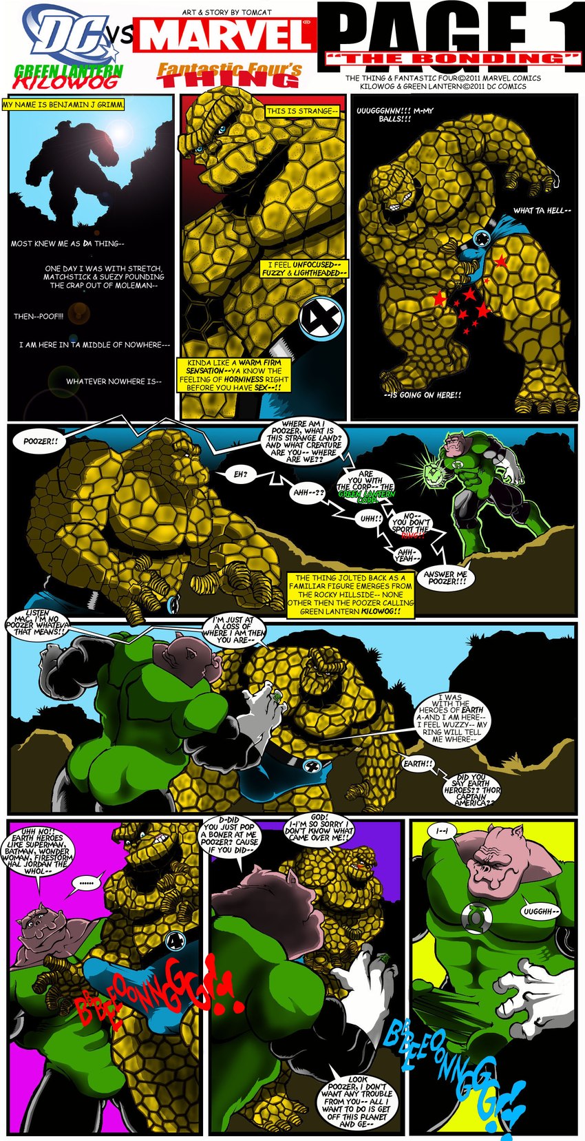 balls_outline bottomwear bulge clothed clothing detailed_bulge duo erection erection_under_clothing genital_outline male penis_outline rock shorts speech_bubble text tomcat_(artist) fantastic_four green_lantern_(series) kilowog the_thing_(marvel) alien bolovaxian elemental_creature elemental_humanoid humanoid mineral_fauna mineral_humanoid rock_creature rock_humanoid 2011 absurd_res comic english_text hi_res