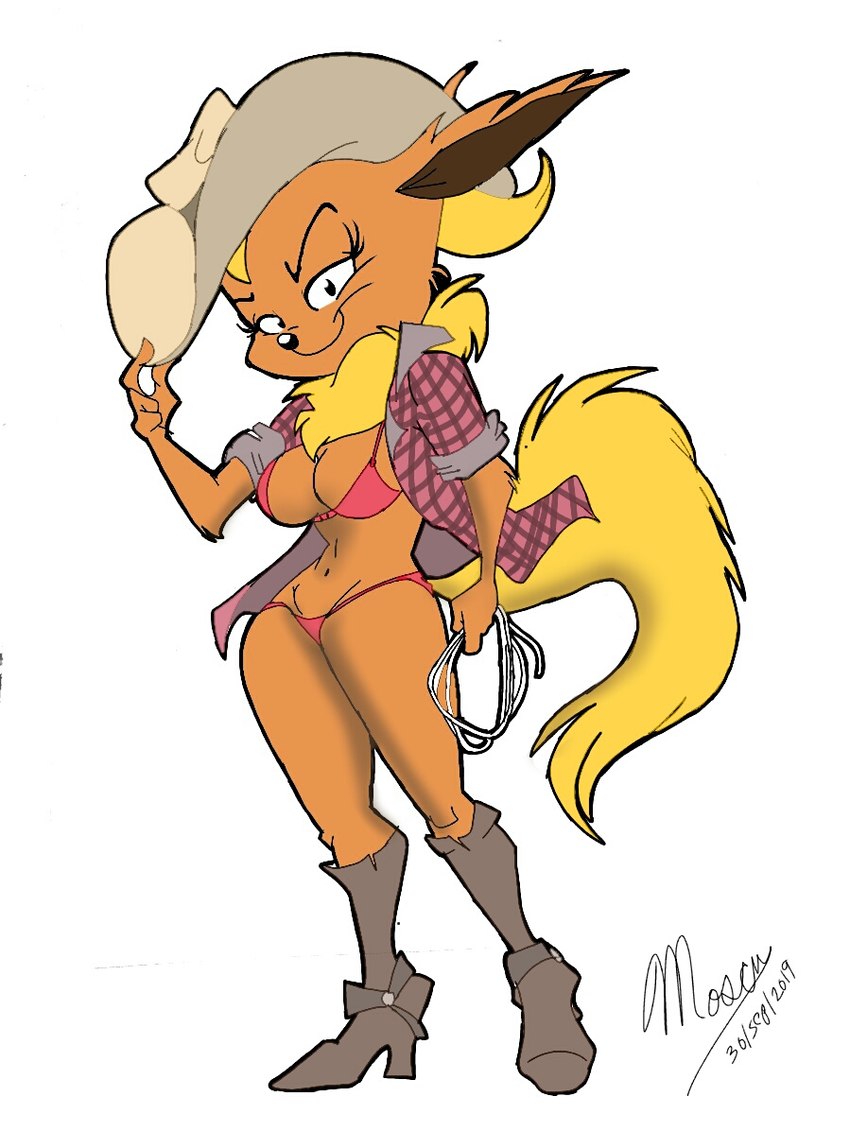 4_fingers anthro bikini_cowgirl black_nose blonde_hair chest_tuft clothed clothing cowboy_hat cowgirl_boots cowgirl_outfit female fingers fluffy fluffy_tail fur hair hat headgear headwear holding_object lasso long_ears long_tail navel open_clothing open_shirt open_topwear orange_body orange_fur pose shirt smile solo swimwear tail thong toony topwear tuft underwear mosca_juanin nintendo pokemon koriand_wildfire eeveelution flareon generation_1_pokemon pokemon_(species) 2019 hi_res signature