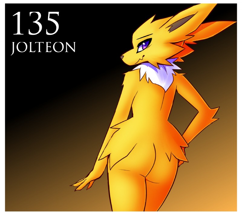 anthro anthrofied big_butt border butt female fur hand_on_hip neck_tuft nude pokemorph purple_eyes simple_background smile solo tuft white_body white_border white_fur yellow_body yellow_fur inget nintendo pokemon eeveelution generation_1_pokemon jolteon pokemon_(species) digital_media_(artwork) hi_res