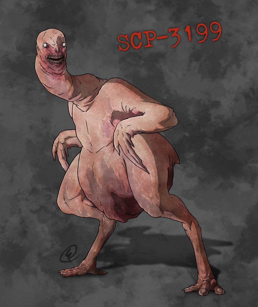 4_toes ambiguous_anthro ambiguous_gender anisodactyl anthro biped claws collarbone earhole empty_eyes featherless featureless_chest feet front_view grey_background horror_(theme) humanoid_face lipless long_neck number overweight overweight_ambiguous overweight_anthro pink_body pink_skin red_text semi-anthro shadow short_tail simple_background solo standing tail talons teeth text three-quarter_view toe_claws toes white_eyes winged_arms wings chimericecho scp_foundation avian bird chicken galliform gallus_(genus) hybrid mammal phasianid primate scp-3199 2022 absurd_res clip_studio_paint_(artwork) colored digital_media_(artwork) digital_painting_(artwork) english_description full-length_portrait hi_res portrait shaded signature species_name