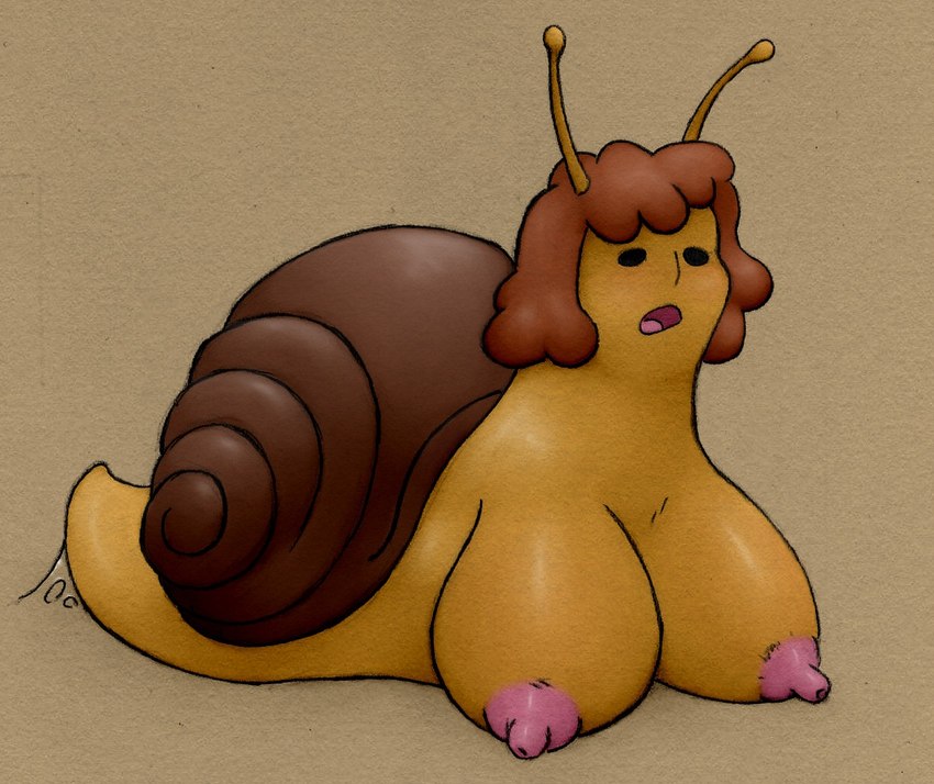 antennae_(anatomy) apode areola big_breasts black_eyes breasts brown_hair busty_feral female feral feral_with_hair hair huge_breasts legless mature_female mature_feral nipples open_mouth shell simple_background solo tan_body tongue animew maya_the_bee_(series) gastropod mollusk snail