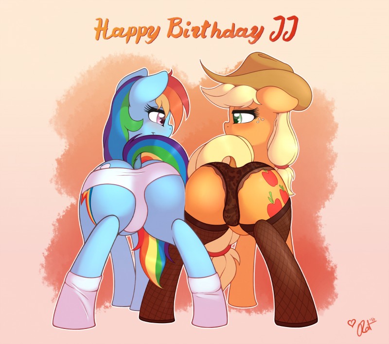 big_butt blush butt clothing duo female feral panties rear_view text underwear ratofdrawn friendship_is_magic hasbro my_little_pony applejack_(mlp) rainbow_dash_(mlp) earth_pony equid equine horse mammal pony 2016 english_text hi_res