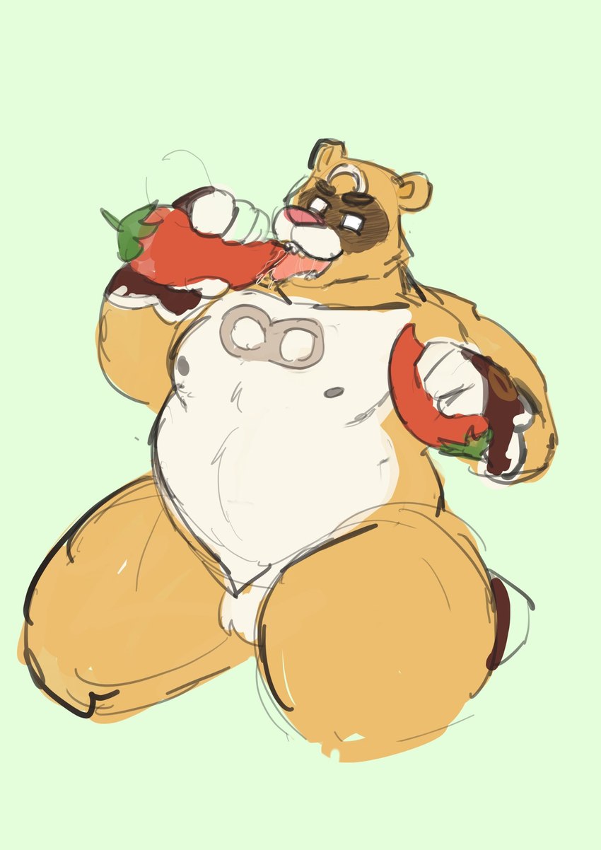 anthro belly brown_body chili_pepper food fruit licking male moobs nipples overweight overweight_male pepper_(fruit) plant simple_background solo tongue tongue_out white_body hickeybickeyboo genshin_impact mihoyo guoba_(genshin_impact) bear mammal 2021 hi_res