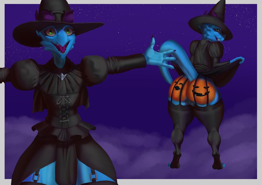 anthro balls big_butt blue_body blue_scales bodypaint butt claws clothing food fruit genitals green_eyes hat headgear headwear holidays horn jack-o'-lantern male painted_butt plant pumpkin pumpkin_butt scales solo wide_hips witch_costume witch_hat lugen_kobold halloween lugen kobold lizard reptile scalie absurd_res hi_res