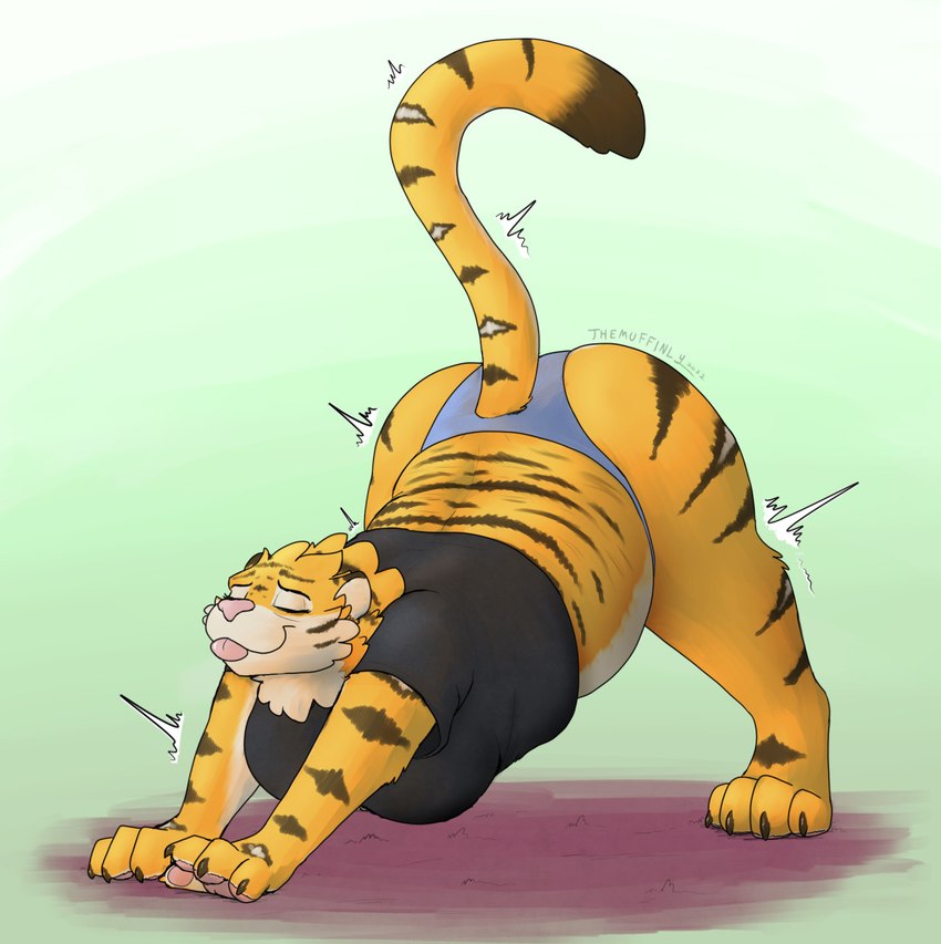 all_fours anthro big_breasts big_butt blep breasts butt clothing female mature_female panties slightly_chubby slightly_chubby_female solo stretching tongue tongue_out underwear themuffinly marta_(themuffinly) felid mammal pantherine tiger 2022 hi_res