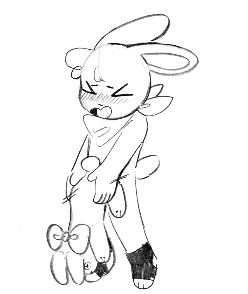 anthro blush bow_ribbon clothing footwear humping_toy kerchief looking_pleasured male neckerchief neckwear plushie plushophilia socks solo young young_anthro young_male binkybnuuy haley_(binkybnuuy) lagomorph leporid mammal rabbit hi_res monochrome