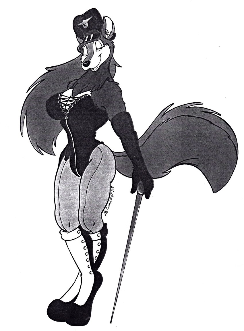 anthro armwear boots cane clothing dominant dominant_female elbow_gloves female footwear gloves handwear hat headgear headwear latex leotard military_cap military_uniform neck_tuft riding_boots shoes smug smug_face solo tuft uniform vawlkee frau_wolfette_(vawlkee) canid canine canis mammal wolf 1993 absurd_res greyscale hi_res monochrome signature traditional_media_(artwork)