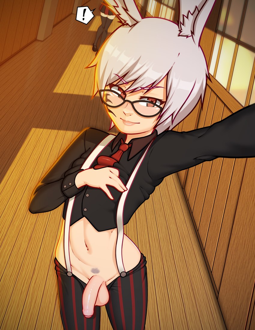 balls biped clothed clothing duo exclamation_point eyebrows eyewear femboy fingers foreskin genitals glasses hair humanoid_genitalia humanoid_penis inner_ear_fluff male navel penis smile solo_focus tuft alexw95 taiyo_akari animal_humanoid humanoid lagomorph lagomorph_humanoid leporid_humanoid mammal mammal_humanoid rabbit_humanoid absurd_res hi_res