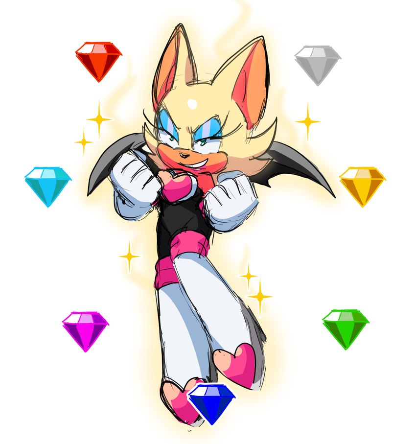 anthro boots chaos_emerald clothing diamond_(gem) eyeshadow female footwear gem gloves handwear makeup shoes simple_background smile solo super_form white_background wings violetmadness7 sega sonic_the_hedgehog_(series) rouge_the_bat bat mammal 2022 absurd_res hi_res