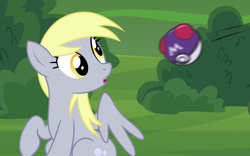 blonde_hair bubble cutie_mark day derp_eyes detailed_background feathers female fur grey_body grey_feathers grey_fur hair looking_away looking_back master_ball motion_blur motion_blur_trail motion_lines outside plant pokeball shrub solo wings yellow_eyes badumsquish friendship_is_magic hasbro my_little_pony mythology nintendo pokemon derpy_hooves_(mlp) equid equine mammal mythological_creature mythological_equine pegasus absurd_res hi_res