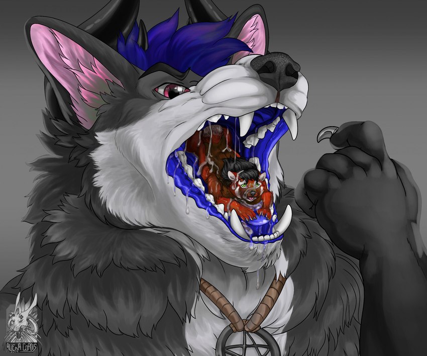 anthro anthro_pred belly big_belly blue_mouth bodily_fluids claws demonic demonic_eyes dripping fangs forced fur glistening glowing_insides grey_body grey_fur horn imminent_vore in_mouth jewelry larger_male larger_pred male male_pred male_prey medallion mouth_shot necklace occult_symbol open_mouth oral_vore pentagram pupils red_eyes saliva saliva_on_tongue saliva_string scared size_difference smile struggling struggling_prey symbol teeth throat tongue tongue_out unwilling_prey vore worried_face worried_look aliena-cordis myth_(mythdawuff) ailurid canid canine canis demon dire_wolf mammal prehistoric_species red_panda wolf wolf_demon hi_res