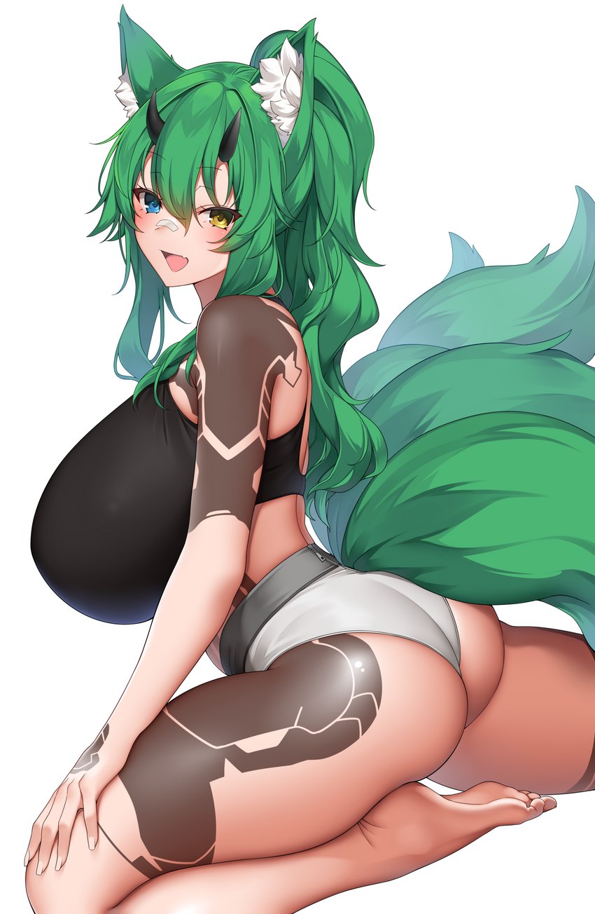 arm_markings barefoot big_breasts biped black_clothing black_shirt black_topwear blue_eyes blush bottomwear breasts brown_markings butt clothed clothing eyelashes feet female fluffy fluffy_tail fully_clothed fur glistening glistening_body glistening_butt glistening_skin green_body green_ears green_fur green_hair green_tail hair heterochromia horn huge_breasts humanoid_feet humanoid_hands inner_ear_fluff kneeling leg_markings light_body light_skin long_hair looking_at_viewer markings monotone_body monotone_fur monotone_hair monotone_tail multi_tail open_mouth open_smile plantigrade ponytail pose shirt shorts side_view simple_background smile solo tail topwear tuft white_background white_bottomwear white_clothing white_inner_ear_fluff white_shorts yellow_eyes suruga_(xsurugax) phantasy_star phantasy_star_online_2 sega animal_humanoid canid canid_humanoid canine canine_humanoid deuman fox_humanoid horned_humanoid humanoid mammal mammal_humanoid tailed_humanoid digital_media_(artwork) hi_res portrait three-quarter_portrait