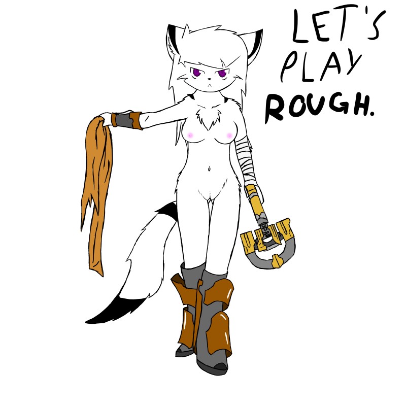 anthro armor biped black_body black_fur boots breasts clothing female footwear front_view fur genitals hair looking_at_viewer nipples nude plasma_cutter purple_eyes pussy ranged_weapon scarf shoes simple_background solo standing text weapon white_background white_body white_fur white_hair unknown_artist dead_space electronic_arts visceral_games domestic_cat felid feline felis mammal 1:1 2014 absurd_res english_text hi_res