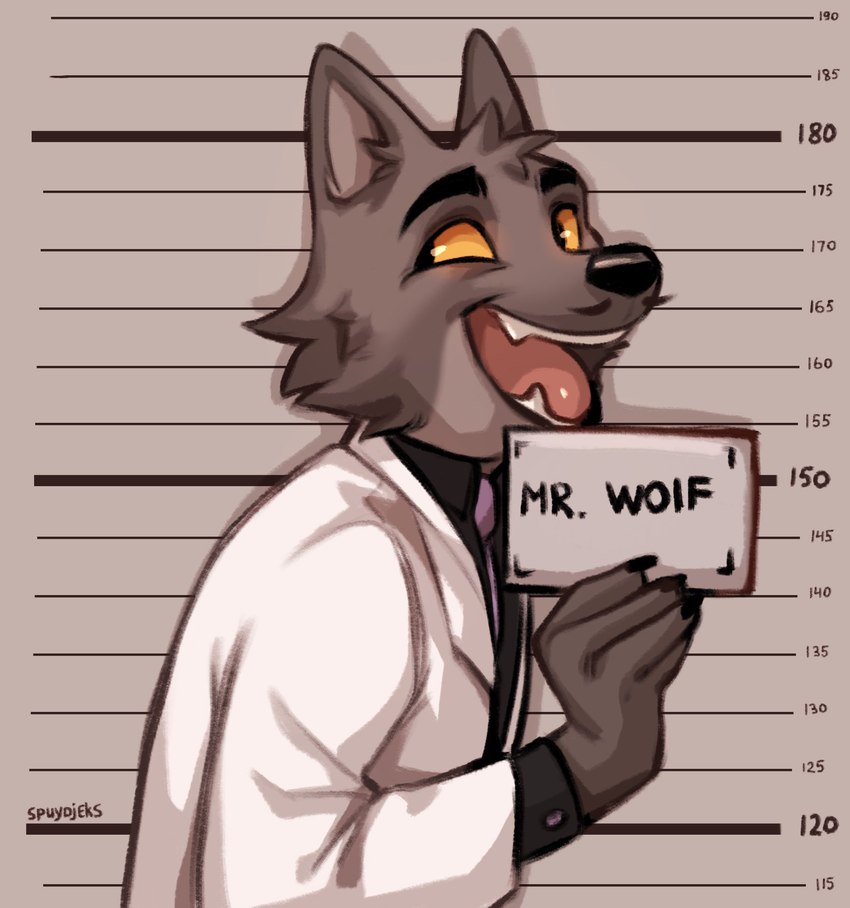 anthro clothed clothing facial_hair fangs fur grey_body grey_fur happy holding_object looking_sideways male male_anthro mugshot mustache open_mouth open_smile pencil_mustache smile solo suit teeth text white_clothing white_suit yellow_sclera spuydjeks barbie_and_ken_mugshot_meme dreamworks the_bad_guys mr._wolf_(the_bad_guys) canid canine canis mammal wolf 2023 bust_portrait english_text hi_res meme portrait