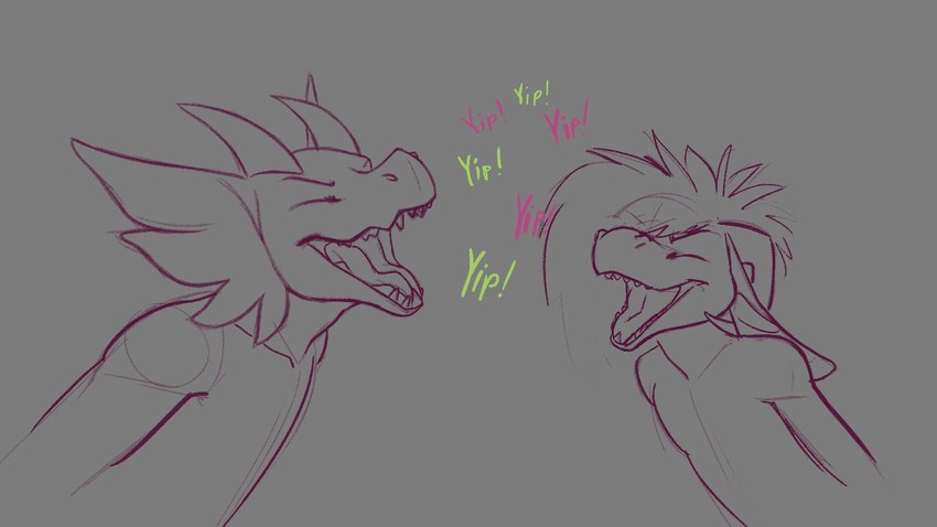 anthro curled_horn duo eyes_closed featureless_chest grey_background horn long_ears male open_mouth simple_background sound_effects teeth tongue koluarts mythology kolu_(koluthings) kyukyu dragon kobold mythological_creature mythological_scalie scalie 16:9 hi_res widescreen