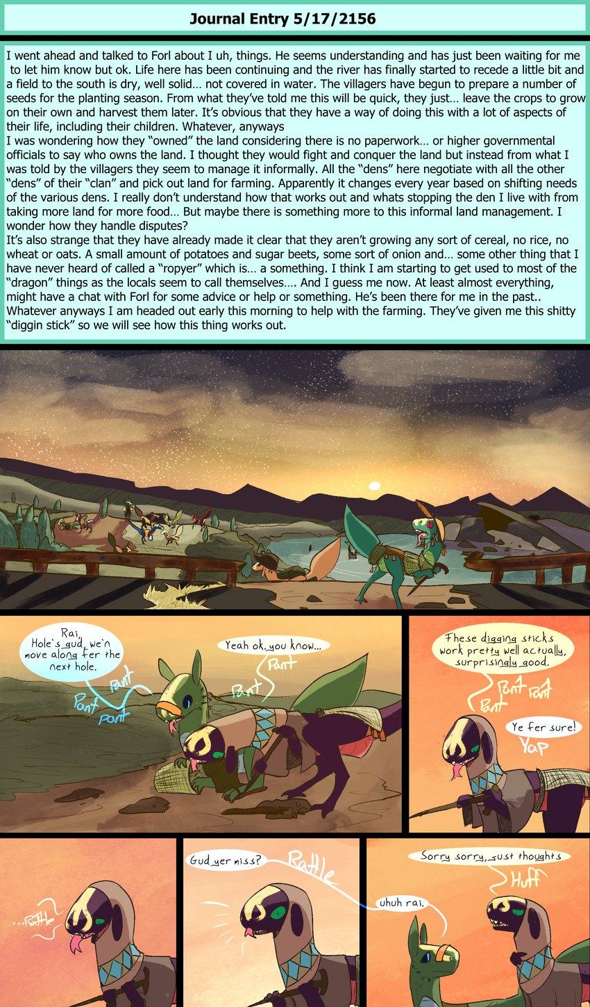 digging farming female feral group horticulture male morning post-apocalyptic text thinking tribal tribal_clothing thepatchedragon dragonscape mythology forl_(thepatchedragon) oli_(thepatchedragon) dinosaur dragon drekir dromaeosaurid mythological_creature mythological_scalie prehistoric_species reptile scalie theropod absurd_res comic english_text hi_res