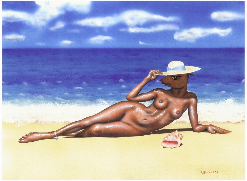 anthro beach breasts clothing cloud detailed_background female hat hat_only headgear headgear_only headwear headwear_only looking_at_viewer mostly_nude nipples outside pose sand seaside shell sky solo water wide_hips speet mammal marine pinniped sea_lion pinup