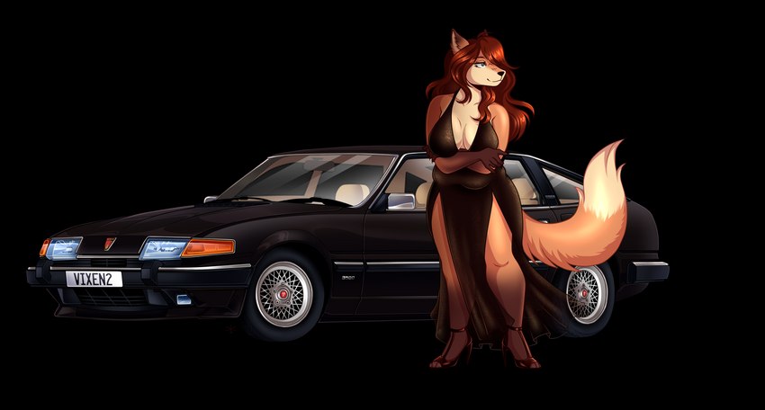 anthro big_breasts black_clothing black_dress breasts car cleavage clothed clothing crossed_arms dress female footwear front_view fur hair high_heels looking_away overweight overweight_female shoes simple_background smile solo standing thick_thighs transparent_background vehicle wide_hips renneon rover_(marque) rover_sd1 ceran_altwood canid canine fox mammal 2021 absurd_res alpha_channel colored hi_res