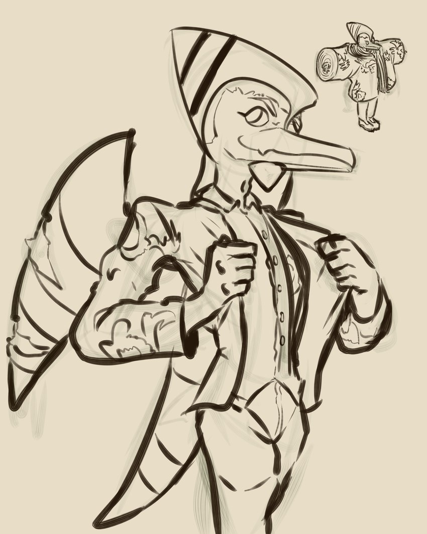 anthro broken_wing clothing dress_shirt fingers hair head_crest jacket male shirt short_hair smile snout solo topwear wings wikd_xd cavemanon_studios goodbye_volcano_high snoot_game naser_(gvh) prehistoric_species pterodactylus pterosaur reptile scalie 2023 4:5 absurd_res black_and_white hi_res monochrome