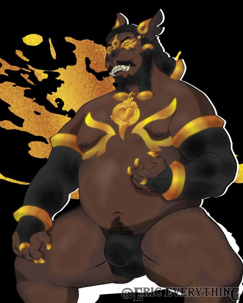 angry anthro beard claws clothing curled_hair dreadlocks eric_everything facial_hair fire gold_band gold_claws gold_rings gold_tattoo hair heart_eyes heart_symbol male muscular muscular_male mustache power sitting slightly_chubby solo thong underwear canid canine canis deity domestic_dog mammal molosser monster pug small_molosser toy_dog wolf hi_res